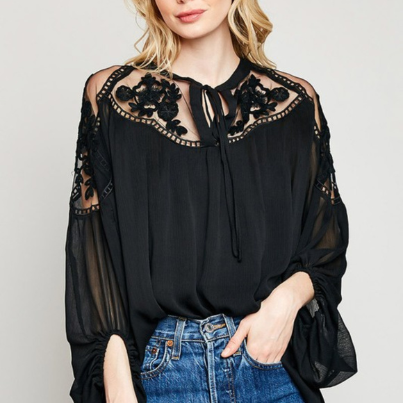 Tops - *ONLY 1 LEFT*  Sheer Tie-Front Peasant Top